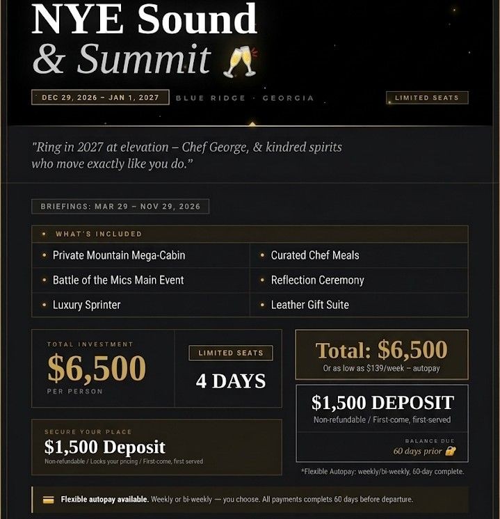 “Couple seated outdoors in the Blue Ridge Mountains at sunset, enjoying a private fireside moment during Maison Élan’s NYE Sound & Summit residency.” “Couple seated outdoors in the Blue Ridge Mountains at sunset, enjoying a private fireside moment during Maison Élan’s NYE Sound & Summit residency.”